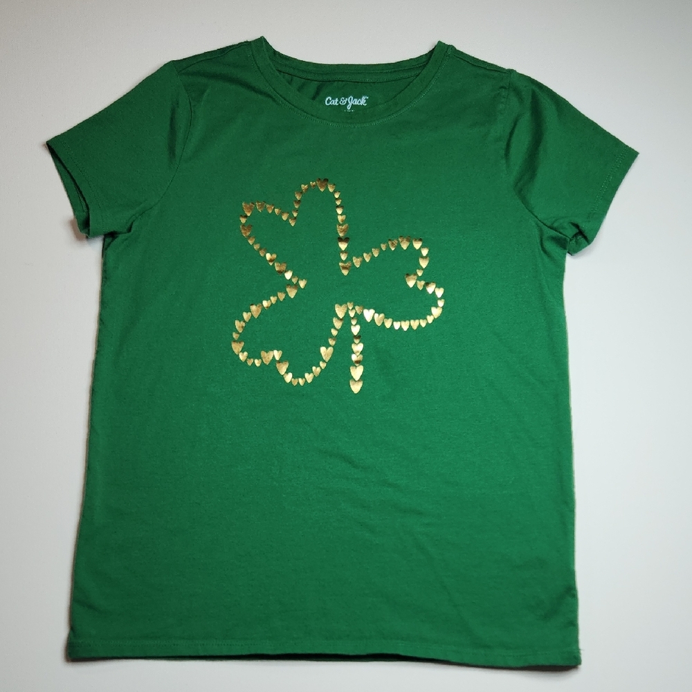 Cat & Jack Girls L 10/12 Green Gold Foil Shamrock St. Patrick’s Day T-Shirt